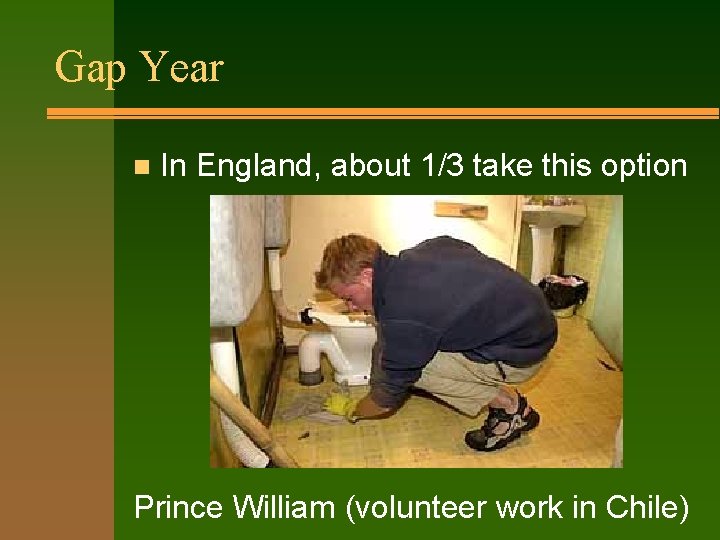 Gap Year n In England, about 1/3 take this option Prince William (volunteer work