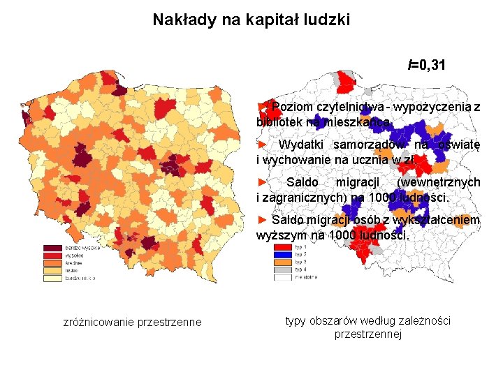 Nakłady na kapitał ludzki I=0, 31 ► Poziom czytelnictwa - wypożyczenia z bibliotek na