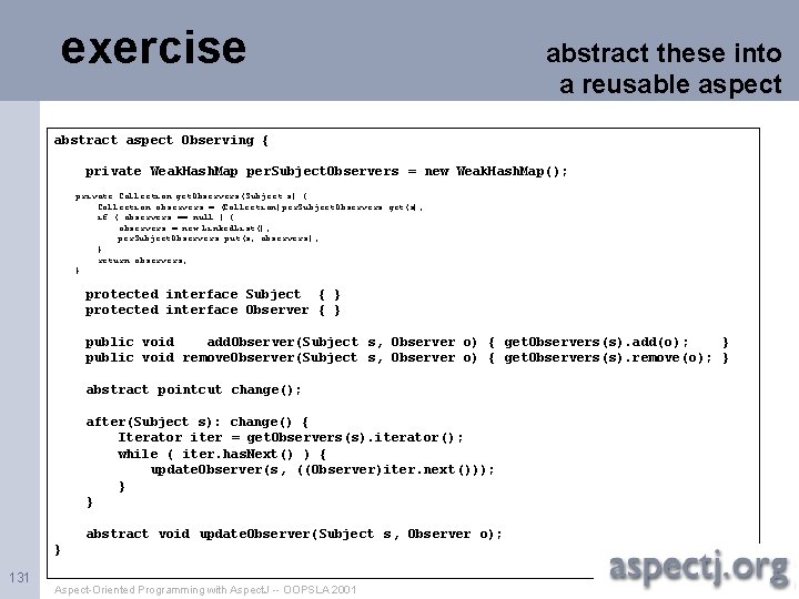 exercise abstract these into a reusable aspect abstract aspect Observing { private Weak. Hash.