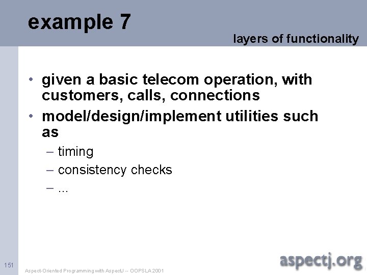 example 7 layers of functionality • given a basic telecom operation, with customers, calls,