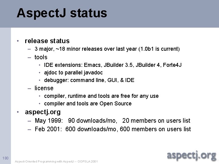 Aspect. J status • release status – 3 major, ~18 minor releases over last