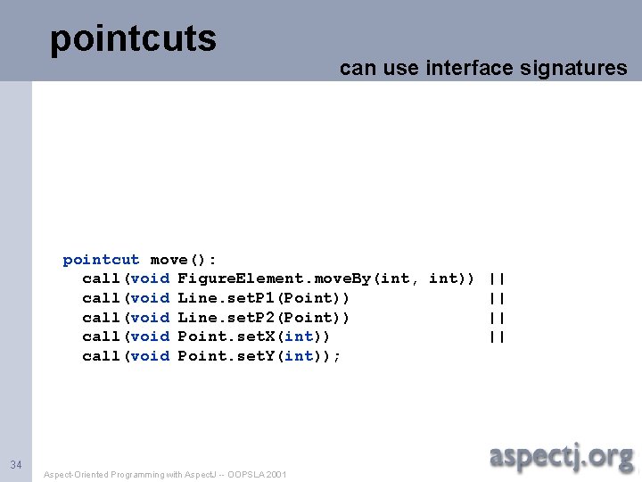 pointcuts can use interface signatures pointcut move(): call(void Figure. Element. move. By(int, int)) ||