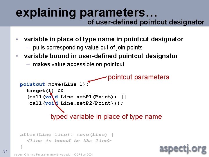 explaining parameters… of user-defined pointcut designator • variable in place of type name in