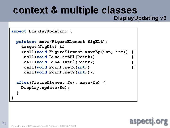 context & multiple classes Display. Updating v 3 aspect Display. Updating { pointcut move(Figure.