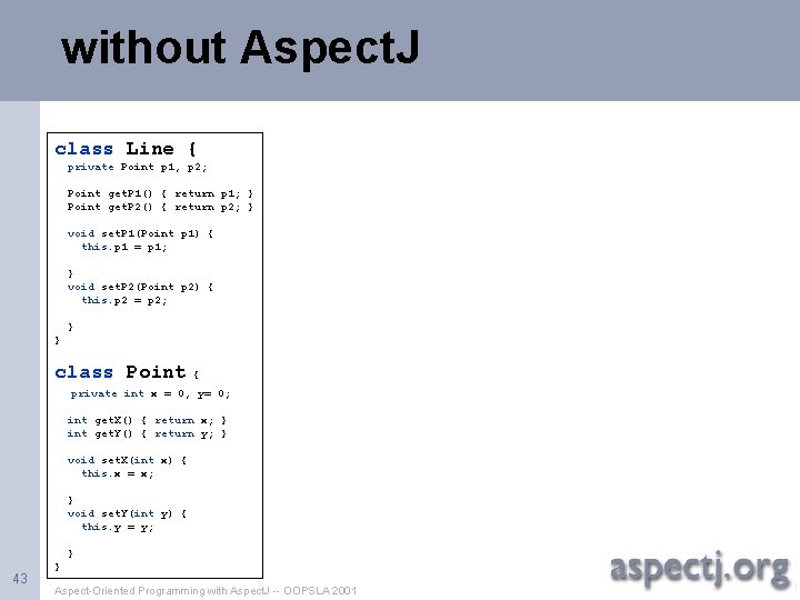 without Aspect. J class Line { private Point p 1, p 2; Point get.