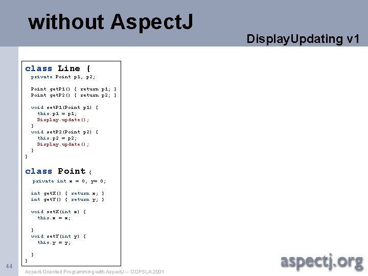 without Aspect. J class Line { private Point p 1, p 2; Point get.