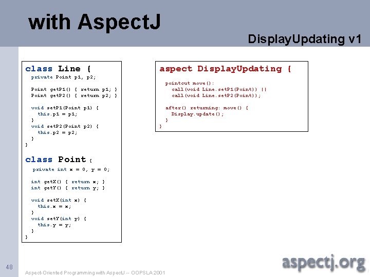 with Aspect. J class Line { Display. Updating v 1 aspect Display. Updating {