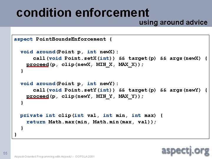 condition enforcement using around advice aspect Point. Bounds. Enforcement { void around(Point p, int