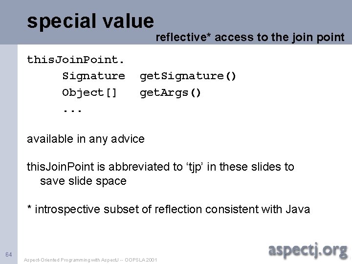 special value reflective* access to the join point this. Join. Point. Signature get. Signature()