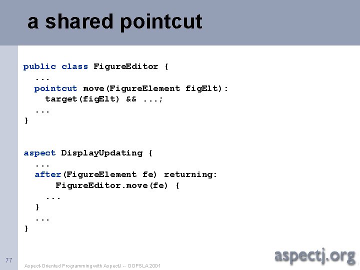 a shared pointcut public class Figure. Editor { . . . pointcut move(Figure. Element