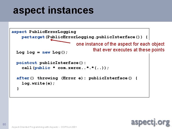 aspect instances aspect Public. Error. Logging pertarget(Public. Error. Logging. public. Interface()) { Log log