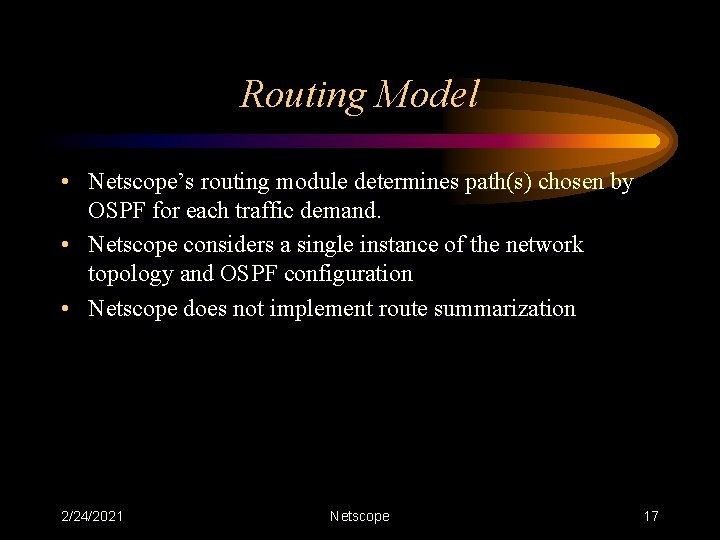 Routing Model • Netscope’s routing module determines path(s) chosen by OSPF for each traffic