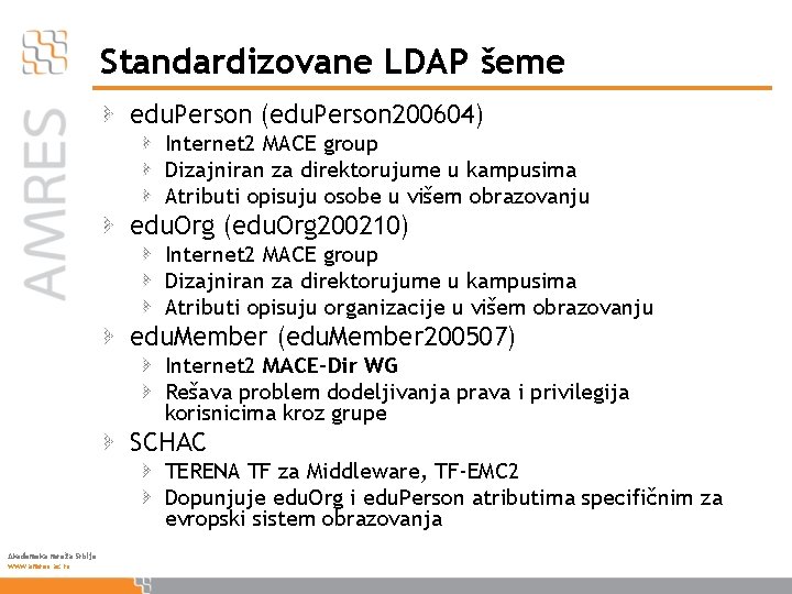 Standardizovane LDAP šeme edu. Person (edu. Person 200604) Internet 2 MACE group Dizajniran za