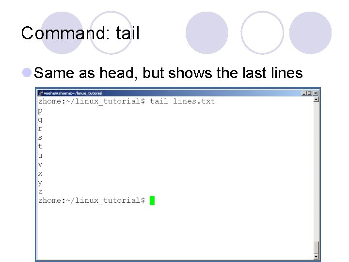 Command: tail l Same as head, but shows the last lines Command: tail l Same as head, but shows the last lines