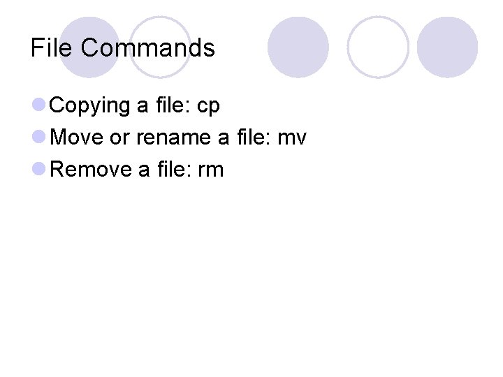 File Commands l Copying a file: cp l Move or rename a file: mv File Commands l Copying a file: cp l Move or rename a file: mv