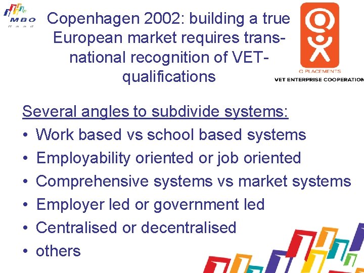 Copenhagen 2002: building a true European market requires transnational recognition of VETqualifications Several angles