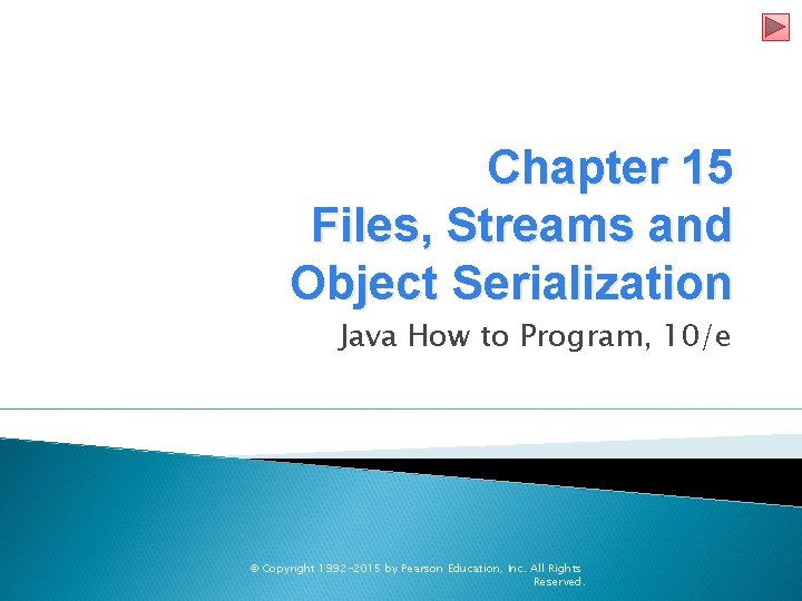 Chapter 15 Files, Streams and Object Serialization Java How to Program, 10/e © Copyright