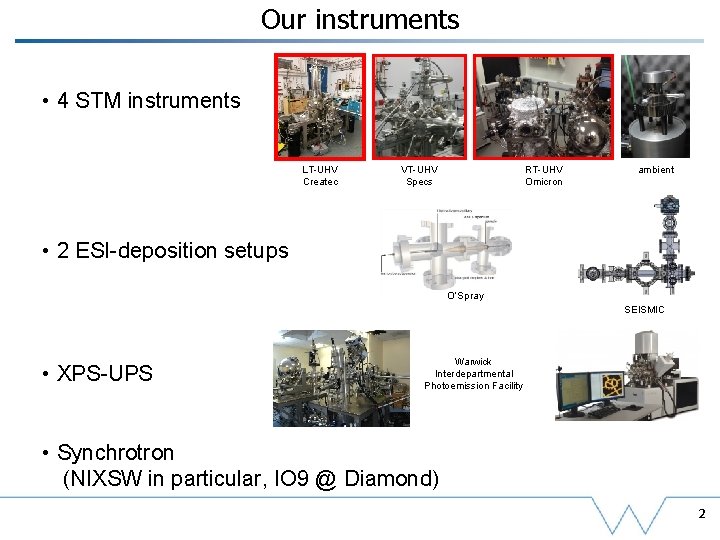 Our instruments • 4 STM instruments LT-UHV Createc VT-UHV Specs RT-UHV Omicron ambient •