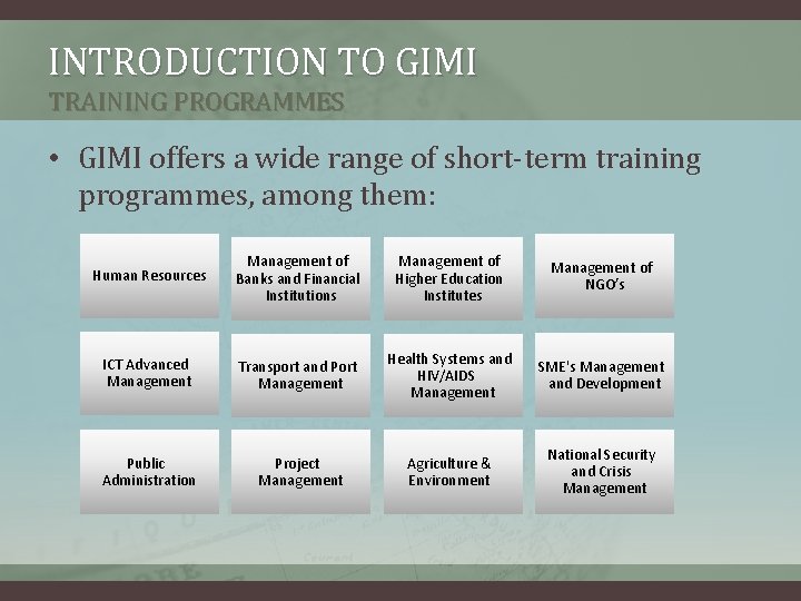 INTRODUCTION TO GIMI TRAINING PROGRAMMES • GIMI offers a wide range of short-term training INTRODUCTION TO GIMI TRAINING PROGRAMMES • GIMI offers a wide range of short-term training