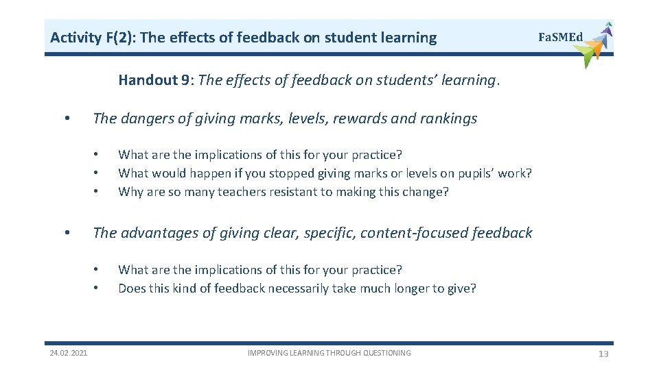 Activity F(2): The effects of feedback on student learning Fa. SMEd Handout 9: The