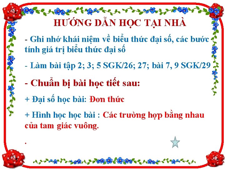 HƯỚNG DẪN HỌC TẠI NHÀ - Ghi nhớ khái niệm về biểu thức đại