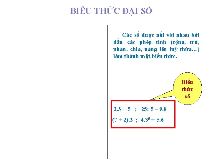 BIỂU THỨC ĐẠI SỐ Các số được nối với nhau bởi dấu các phép