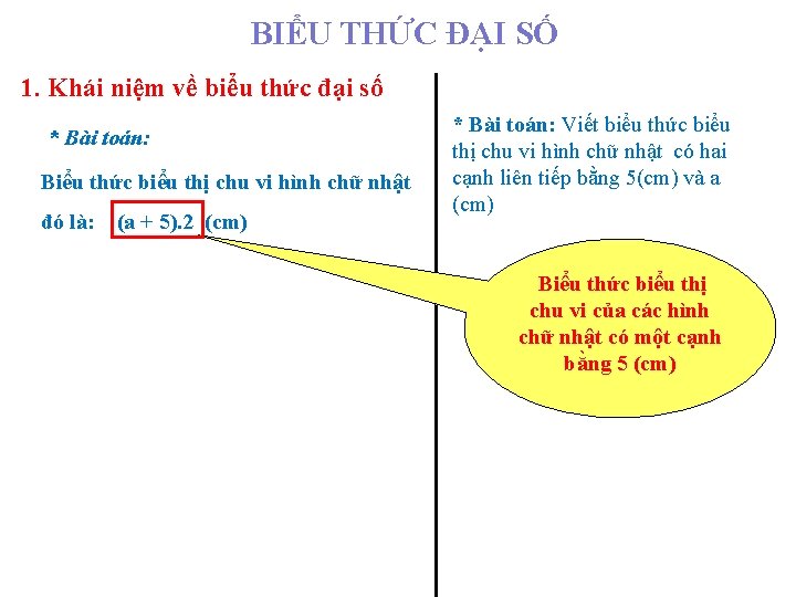 BIỂU THỨC ĐẠI SỐ 1. Khái niệm về biểu thức đại số * Bài