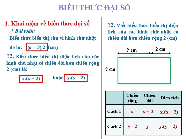 BIỂU THỨC ĐẠI SỐ 1. Khái niệm về biểu thức đại số * Bài