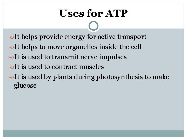 Uses for ATP It helps provide energy for active transport It helps to move