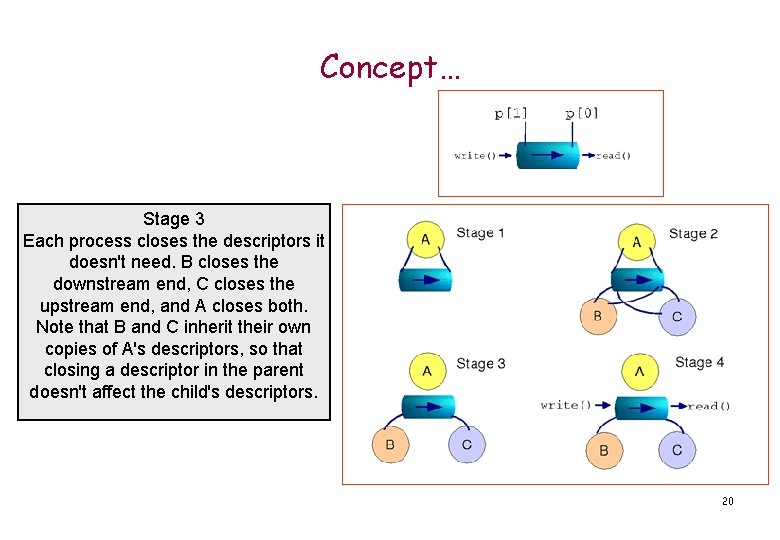 Concept… Stage 3 Each process closes the descriptors it doesn't need. B closes the