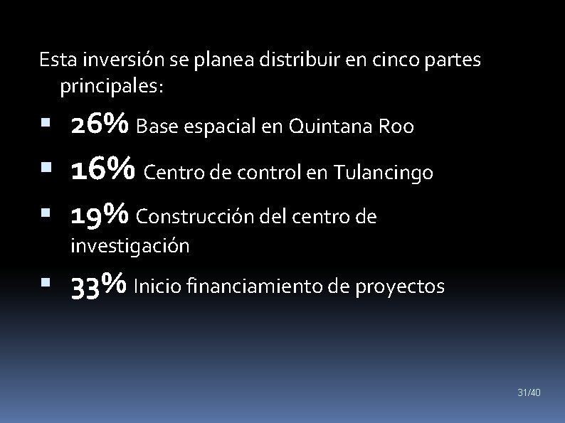 Esta inversión se planea distribuir en cinco partes principales: 26% Base espacial en Quintana