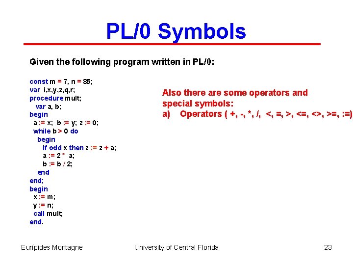 PL/0 Symbols Given the following program written in PL/0: const m = 7, n