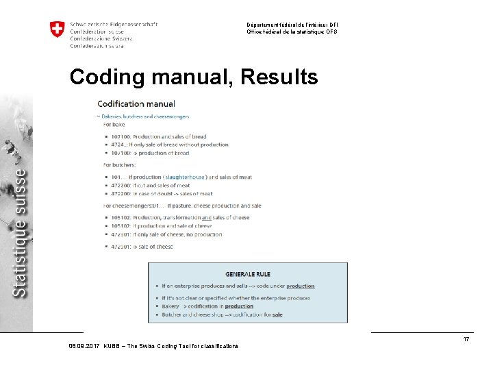 Département fédéral de l’intérieur DFI Office fédéral de la statistique OFS Coding manual, Results