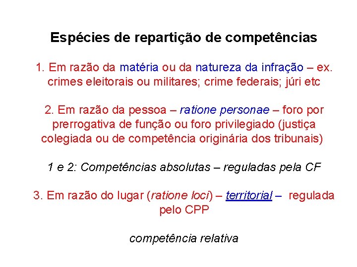 Espécies de repartição de competências 1. Em razão da matéria ou da natureza da