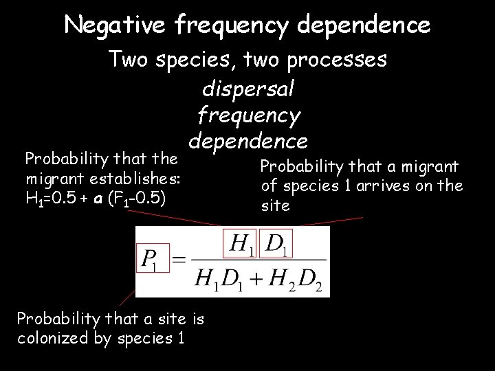 Negative frequency dependence Two species, two processes dispersal frequency dependence Probability that the migrant