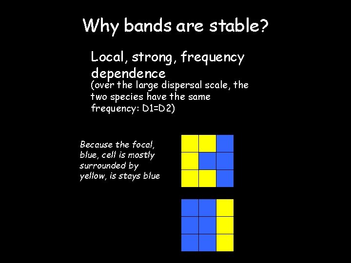 Why bands are stable? Local, strong, frequency dependence (over the large dispersal scale, the