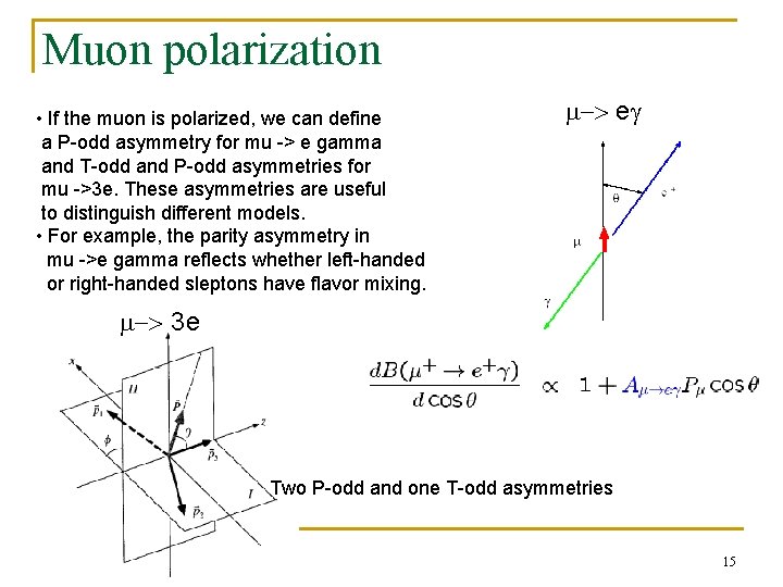 Muon polarization • If the muon is polarized, we can define a P-odd asymmetry Muon polarization • If the muon is polarized, we can define a P-odd asymmetry