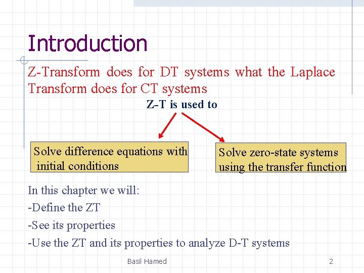 Introduction Z-Transform does for DT systems what the Laplace Transform does for CT systems