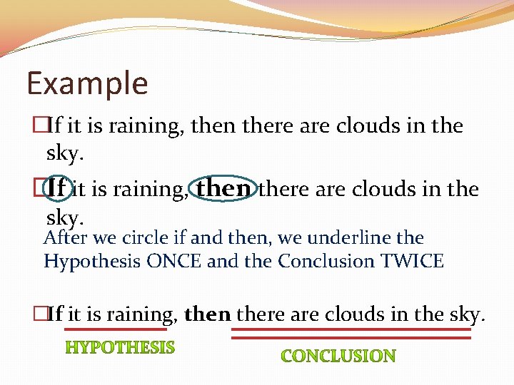 Example �If it is raining, then there are clouds in the sky. After we