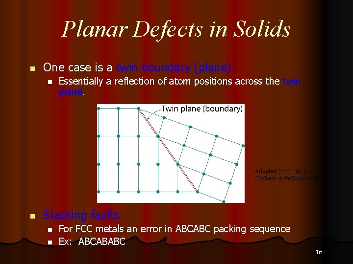 Planar Defects in Solids n One case is a twin boundary (plane) n Essentially