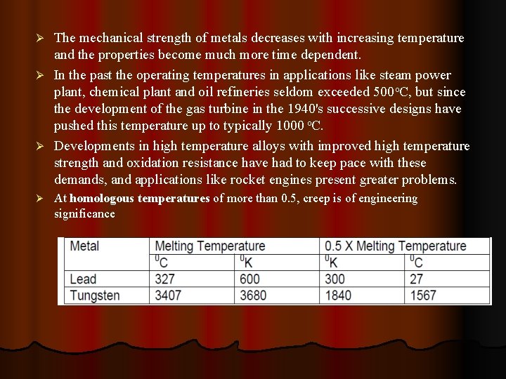 The mechanical strength of metals decreases with increasing temperature and the properties become much