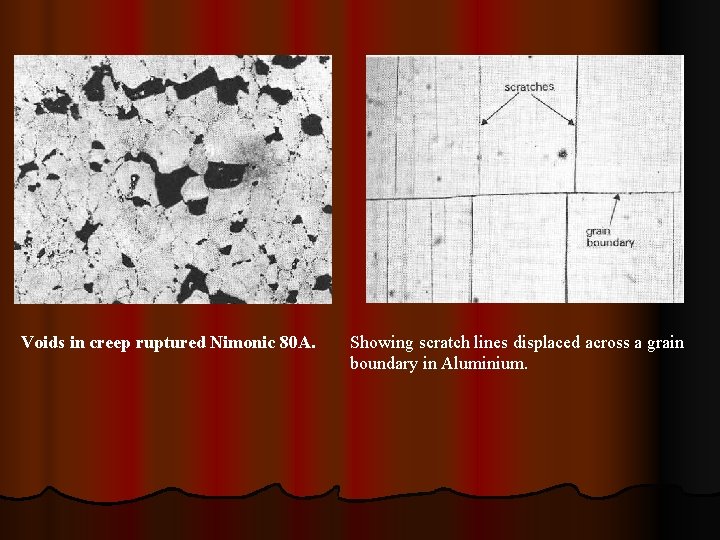 Voids in creep ruptured Nimonic 80 A. Showing scratch lines displaced across a grain