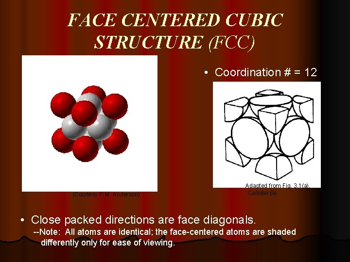 FACE CENTERED CUBIC STRUCTURE (FCC) • Coordination # = 12 (Courtesy P. M. Anderson)