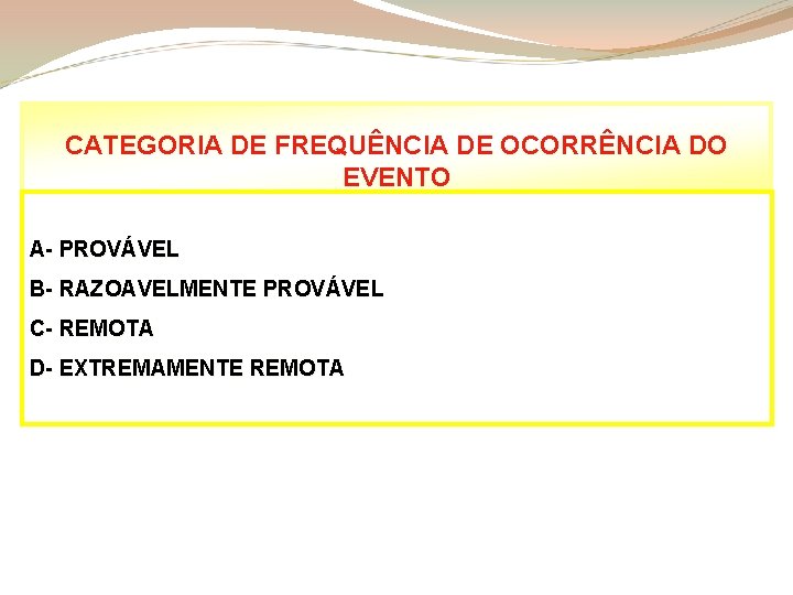 CATEGORIA DE FREQUÊNCIA DE OCORRÊNCIA DO EVENTO A- PROVÁVEL B- RAZOAVELMENTE PROVÁVEL C- REMOTA