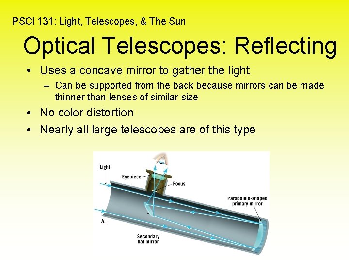 PSCI 131: Light, Telescopes, & The Sun Optical Telescopes: Reflecting • Uses a concave