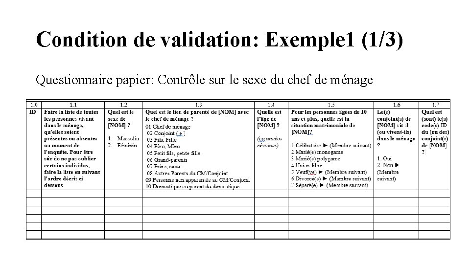 Condition de validation: Exemple 1 (1/3) Questionnaire papier: Contrôle sur le sexe du chef