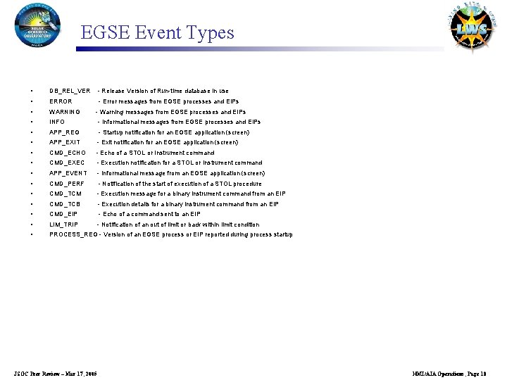 EGSE Event Types • DB_REL_VER - Release Version of Run-time database in use •