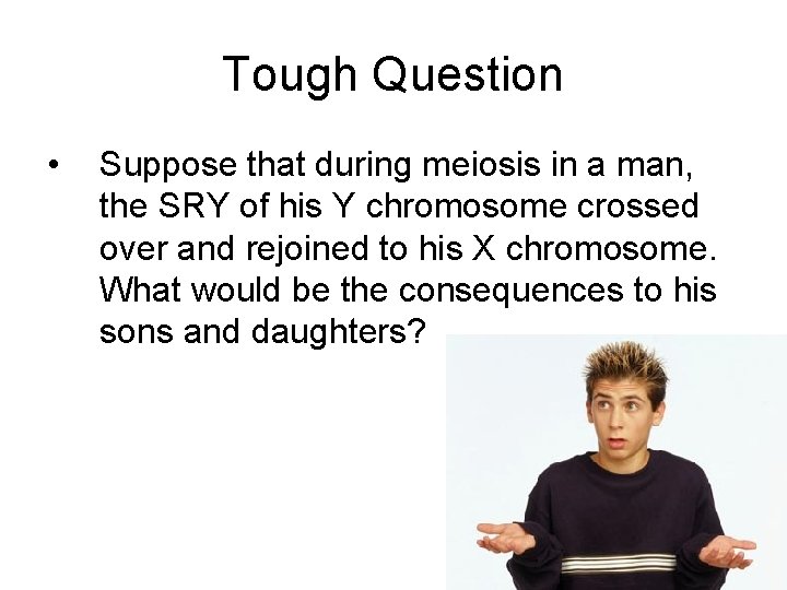 Tough Question • Suppose that during meiosis in a man, the SRY of his