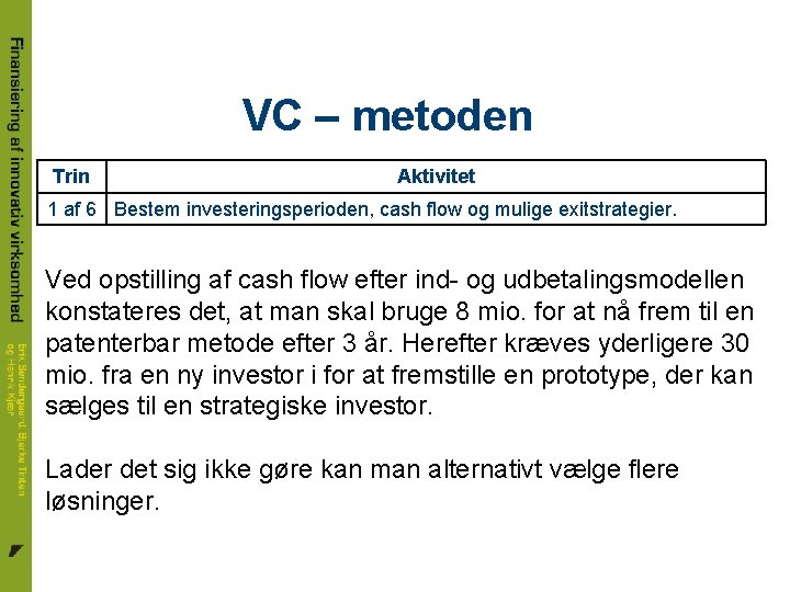 VC – metoden Trin Aktivitet 1 af 6 Bestem investeringsperioden, cash flow og mulige