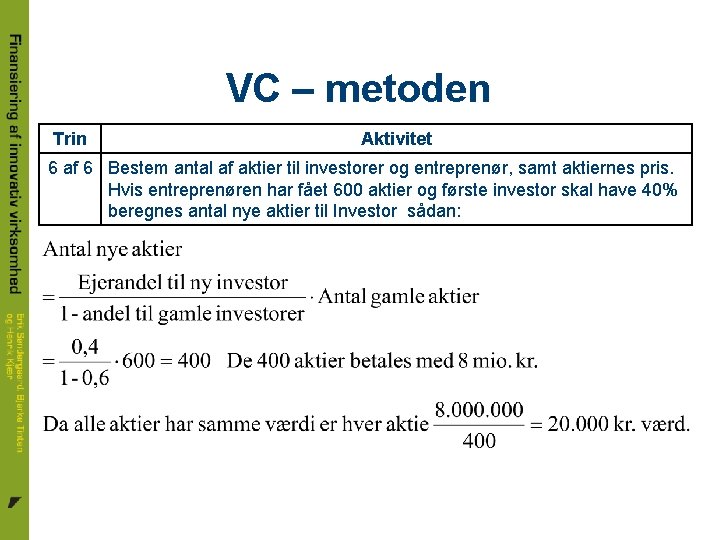 VC – metoden Trin Aktivitet 6 af 6 Bestem antal af aktier til investorer